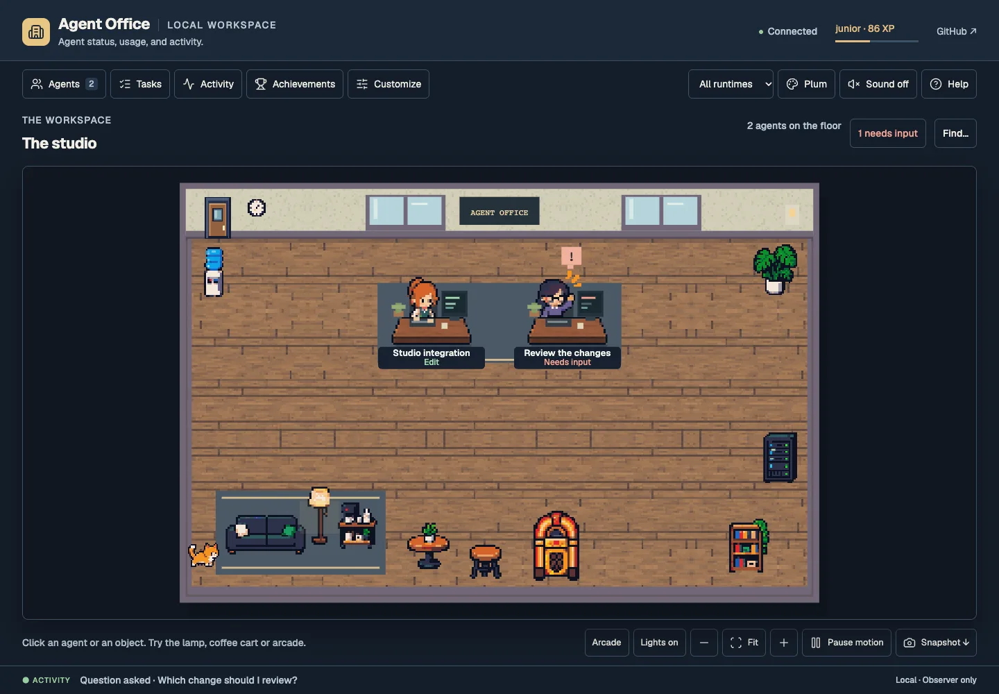 Actual Agent Office dashboard from the README, showing a pixel-art workspace with synthetic agent activity.