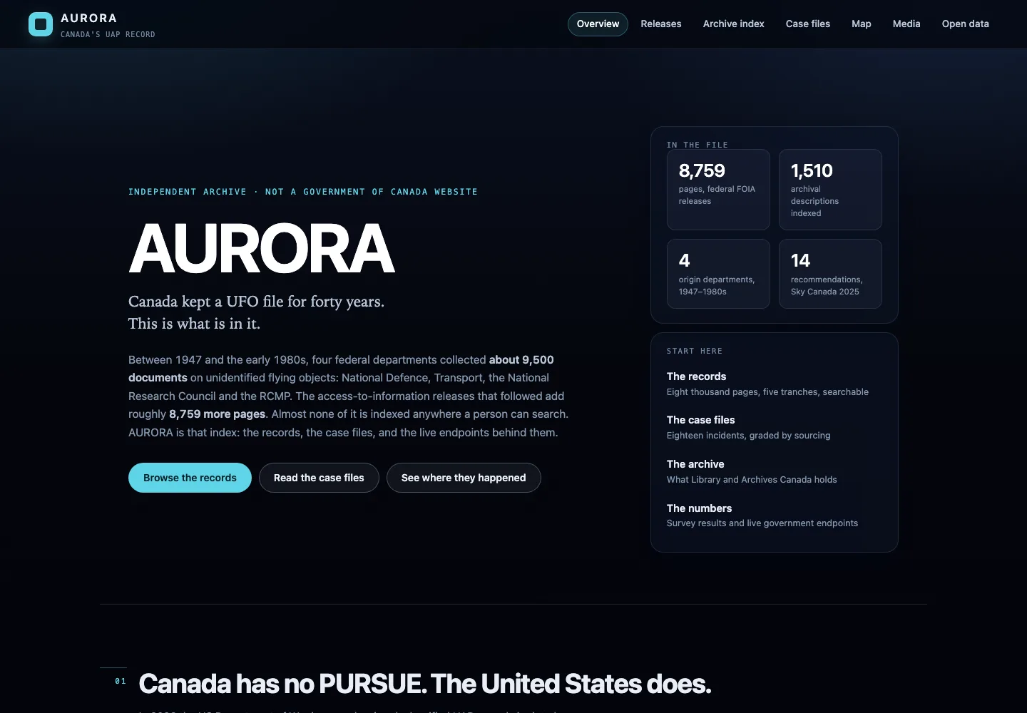 Published AURORA site introducing the independent Canadian UAP archive index.