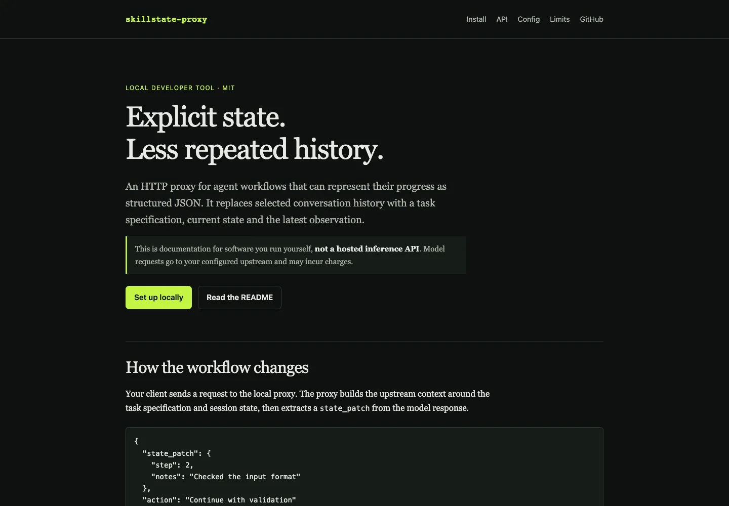 Published skillstate-proxy documentation showing explicit state, setup links, and a state-patch example.